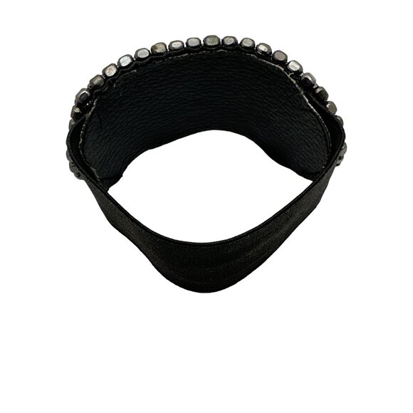 Gunmetal Cube Beaded Stretch Bracelet Wide Band Stretch Black Elastic Slide on - Picture 2 of 7